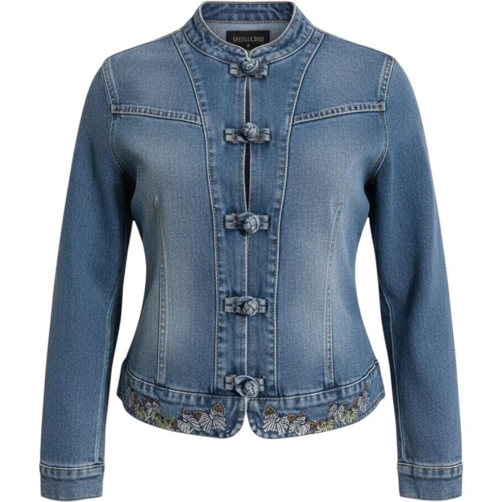 Loveu Dear Vintage Y2K Mandarin Collar Frog Knot Denim Butterfly Jacket Medium